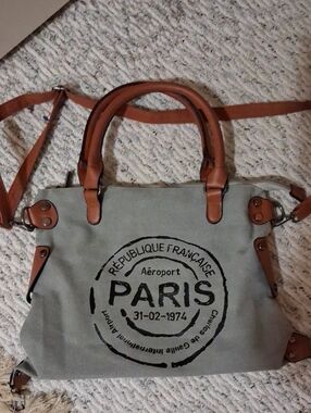 Paris Stamp Canvas Tote with Tan Leather Trim